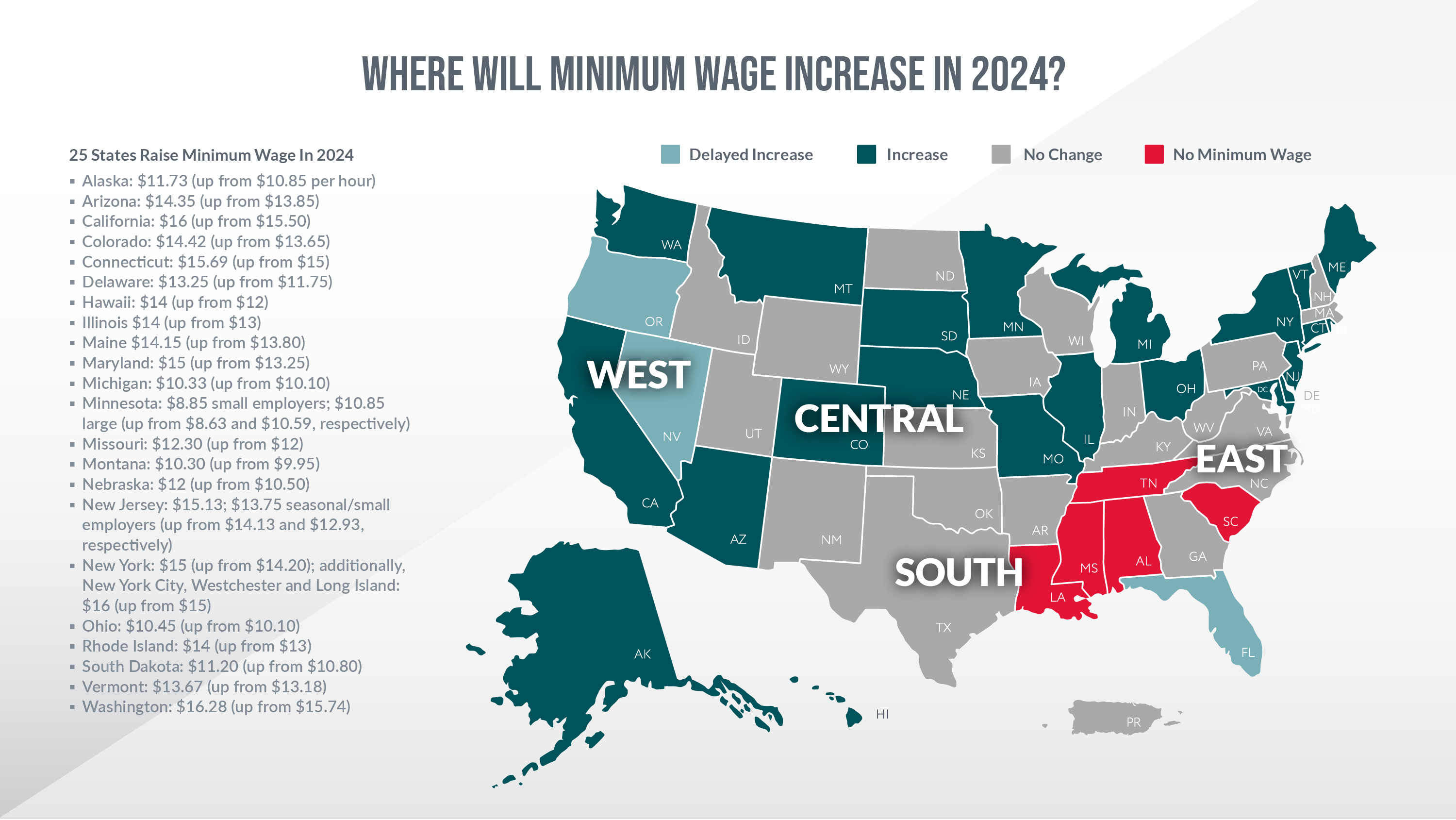 Map showing the minimum wage increase for 2024