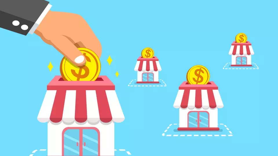 Illustration of hand putting coin into store